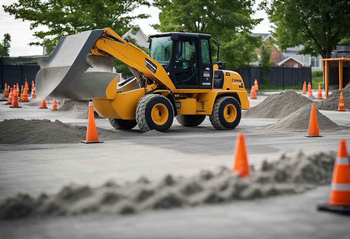 A concrete contractor in Brantford pours and smooths concrete for a new sidewalk, surrounded by construction equipment and materials