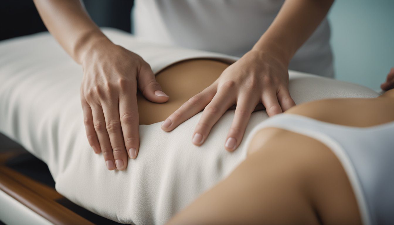 A pregnant woman reclines on a massage table, her belly supported by a cushion. A massage therapist's hands gently knead her swollen legs and feet