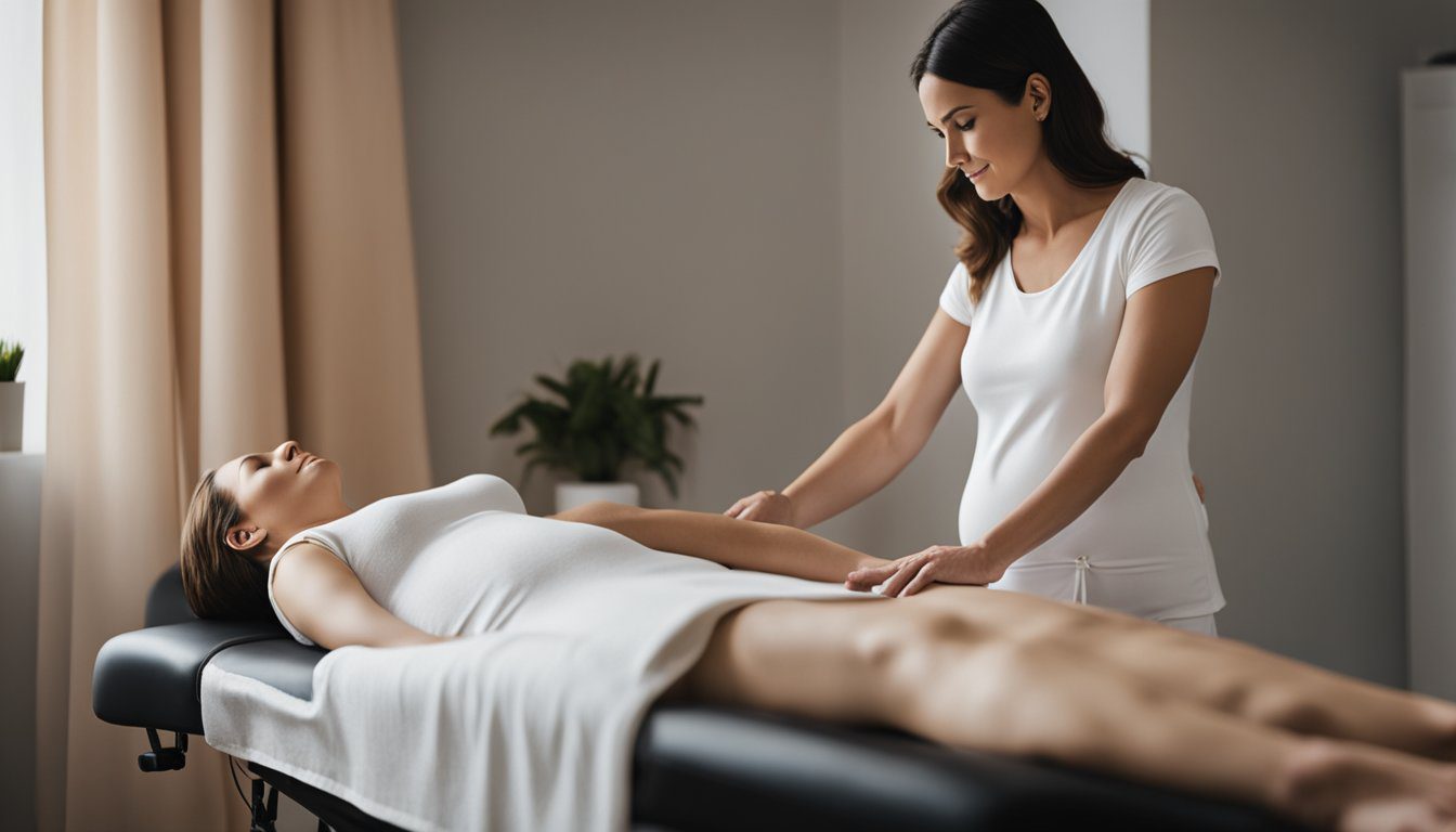 A pregnant woman reclining on a massage table while a professional masseuse applies pressure to her lower back