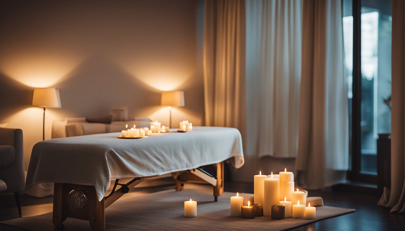 A serene, dimly lit room with a comfortable massage table, soft music, and aromatic candles, creating a peaceful atmosphere for a pregnancy massage