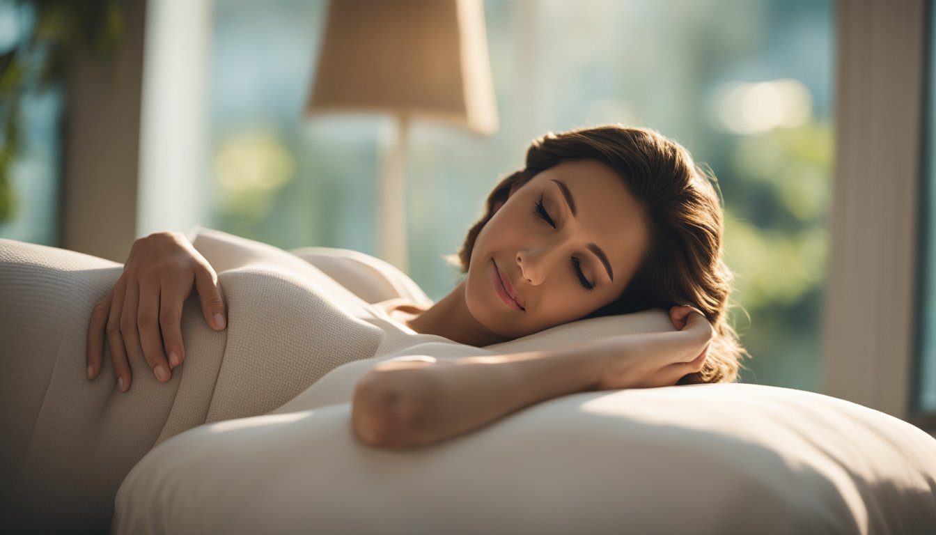 A serene pregnant woman reclining on a cushioned massage table, with soft lighting and calming music in the background