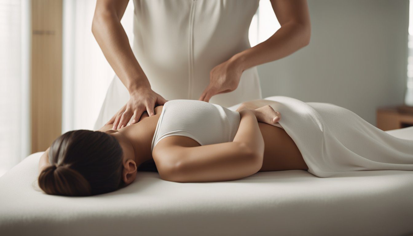 A pregnant woman lying on a massage table, surrounded by soft lighting and soothing music. A massage therapist gently kneading her back and legs to improve circulation