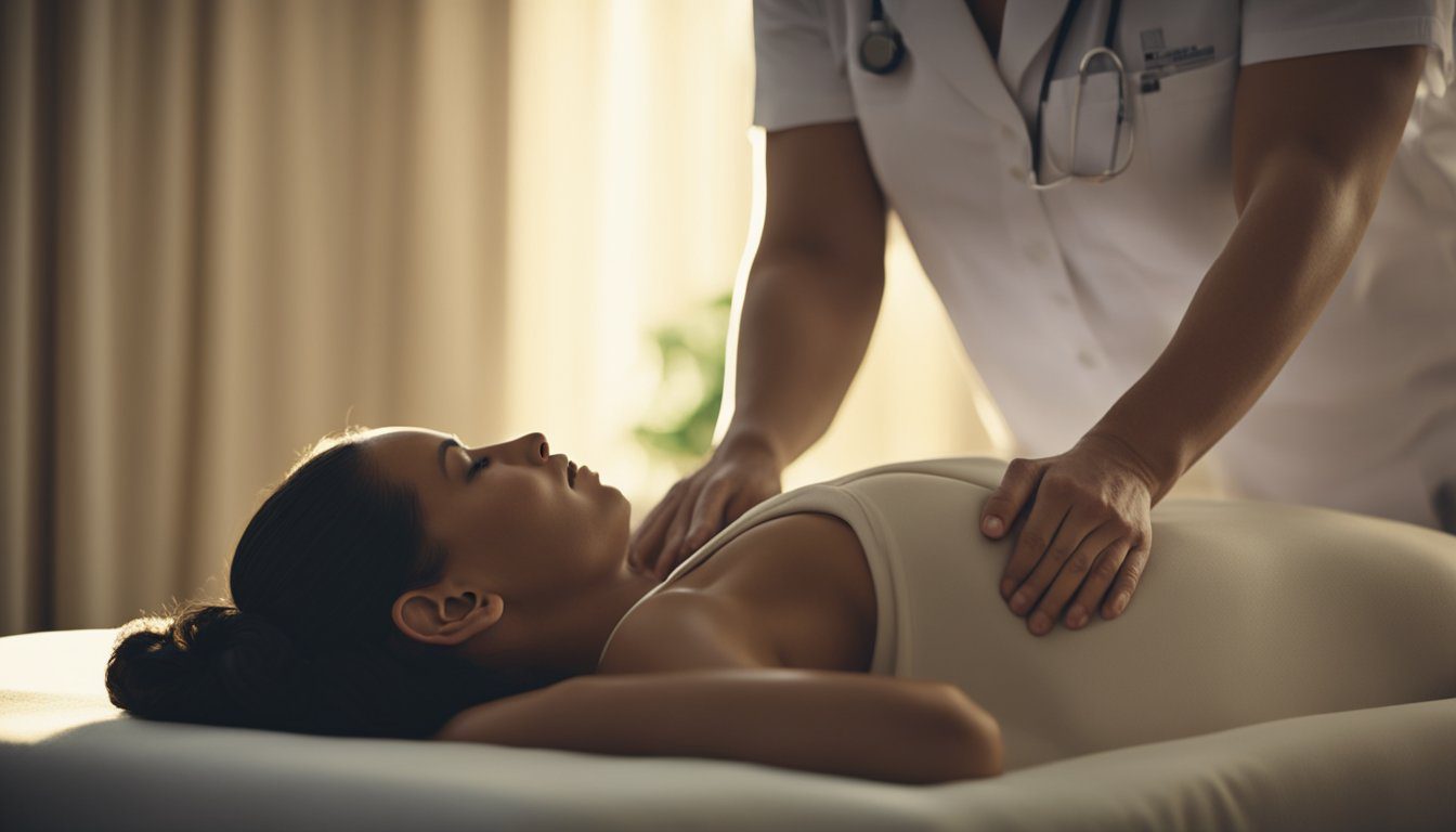 A serene pregnant woman reclines on a massage table, surrounded by soft lighting and soothing music. A massage therapist gently kneads her back, shoulders, and legs, providing relief and relaxation