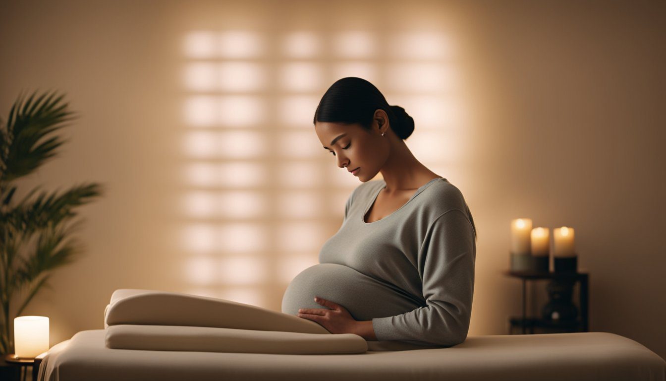 A serene pregnant woman reclines on a cushioned massage table, surrounded by soft lighting and soothing music. A skilled massage therapist gently applies pressure to her back, shoulders, and legs, providing relief and relaxation