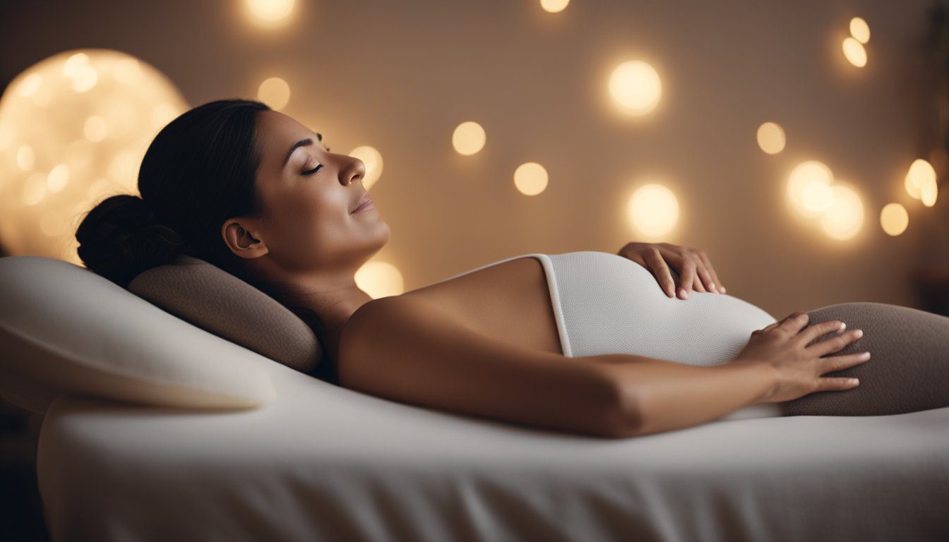 A serene pregnant woman reclines on a cushioned massage table, surrounded by soft lighting and calming music. A skilled massage therapist uses gentle, soothing strokes to relieve tension and promote relaxation