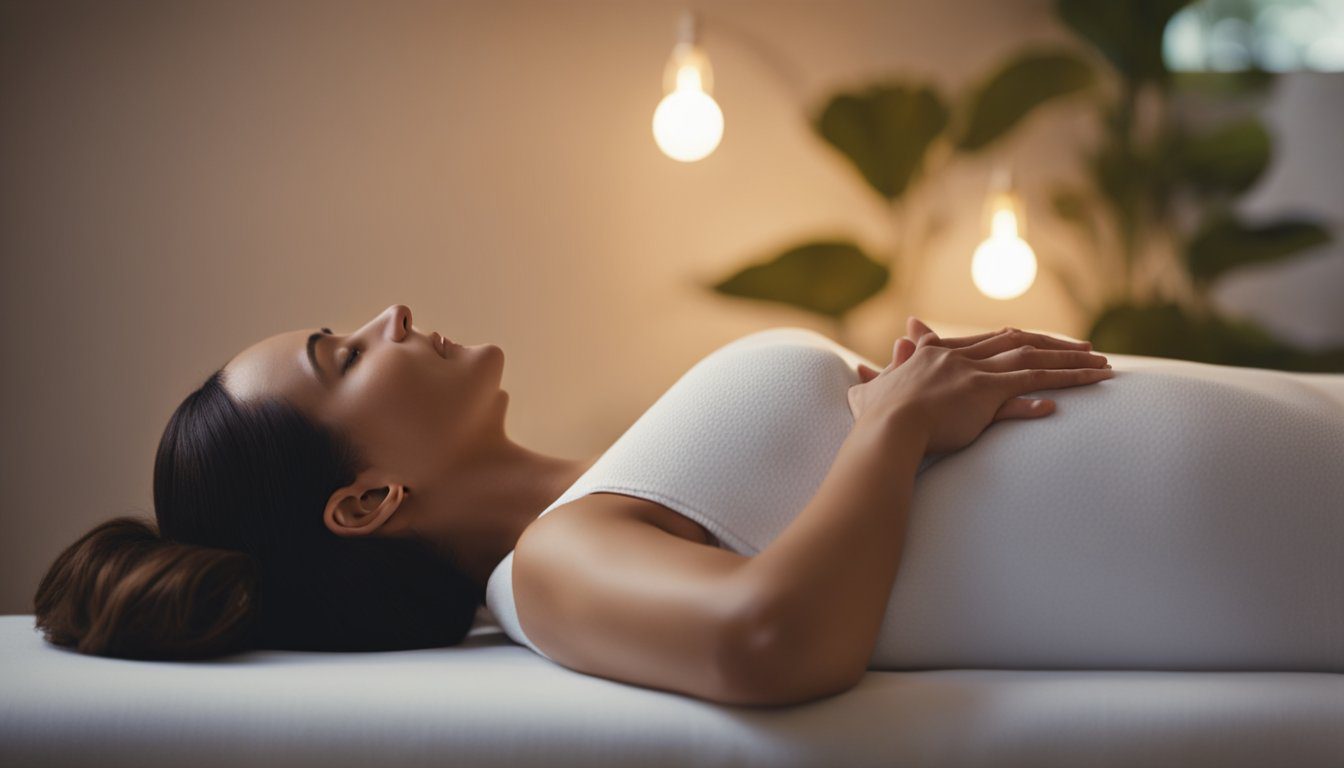 A serene, pregnant woman reclines on a comfortable massage table, surrounded by soft lighting and soothing music. A skilled therapist gently massages her back, providing relief and relaxation